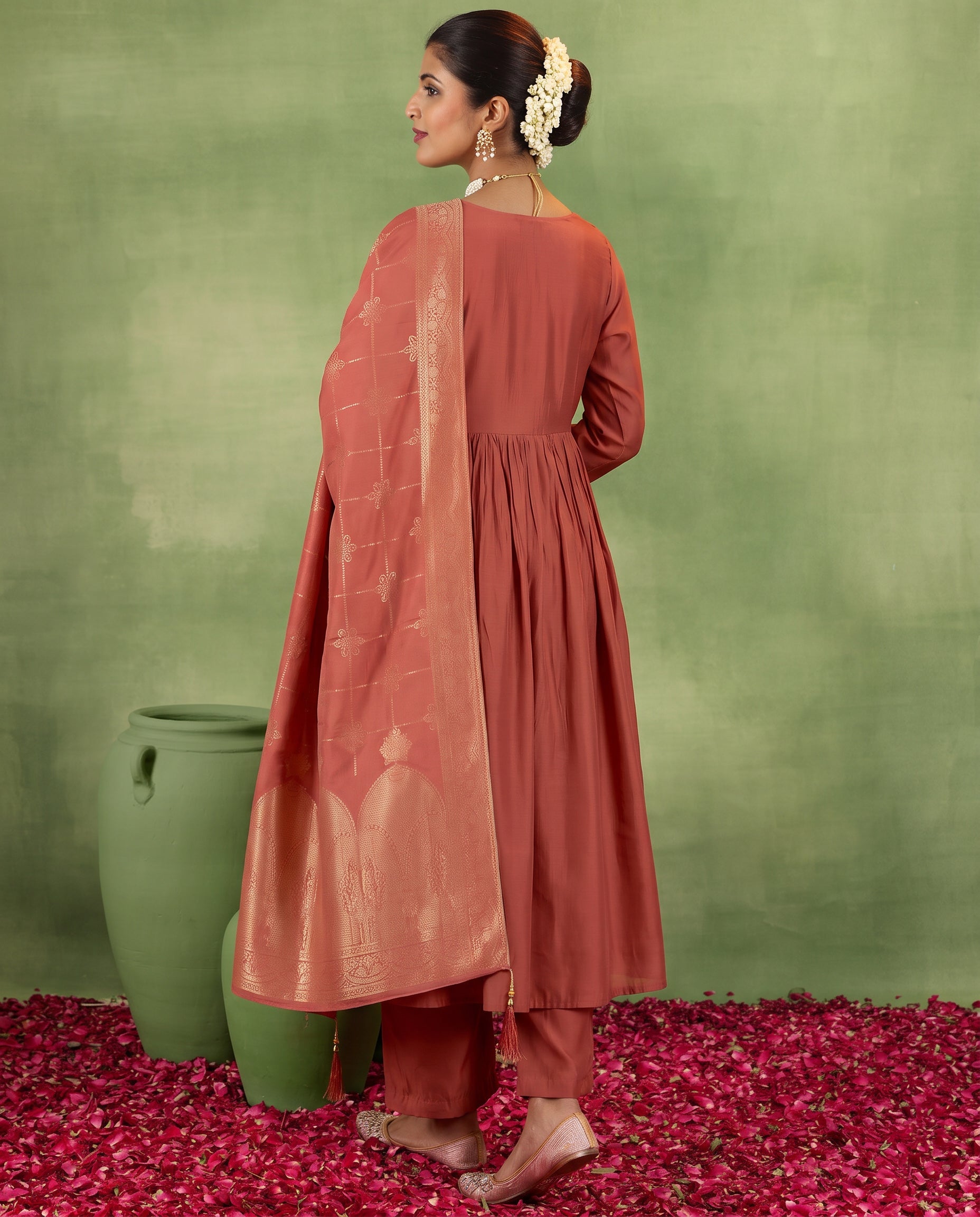 Rust Embroidered Straight Kurta Set with Jacquard Dupatta