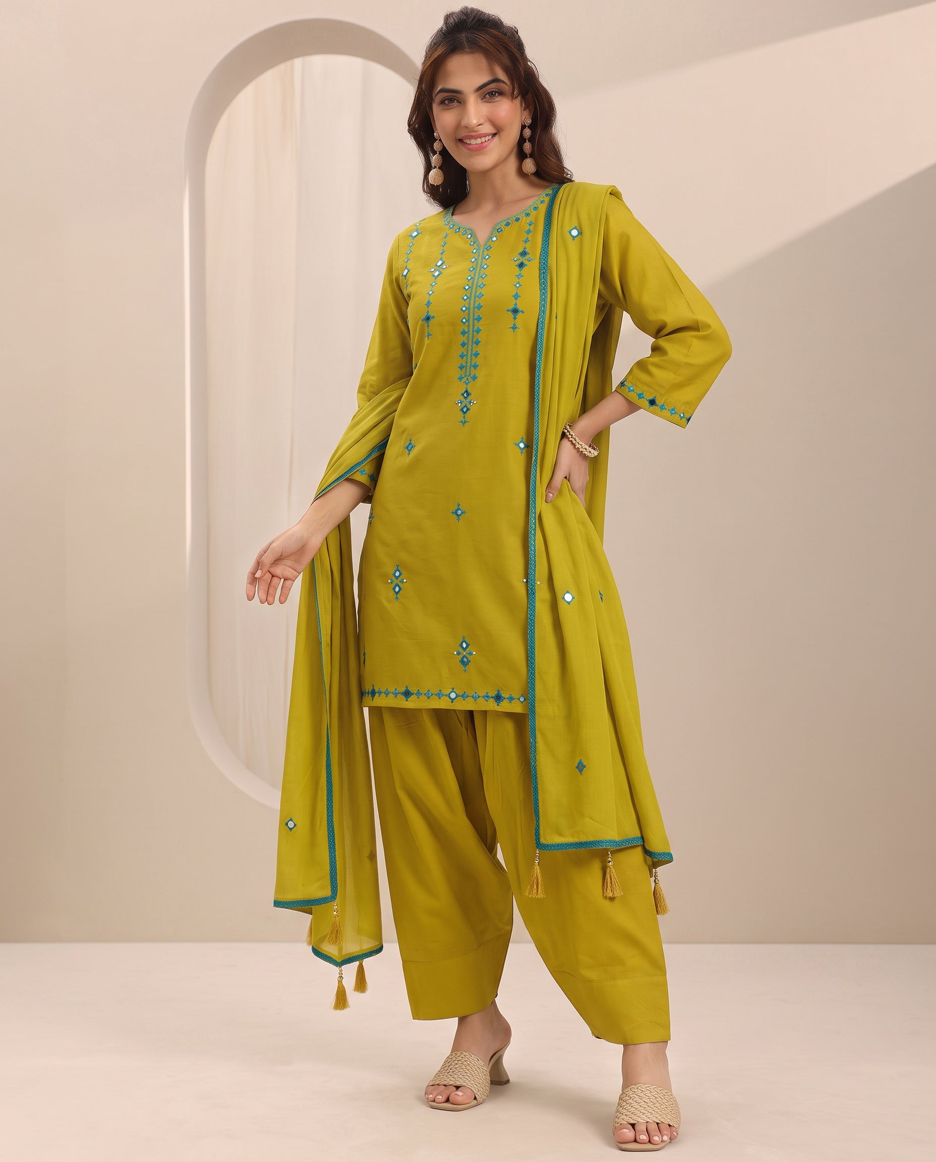 Lemon Green Embroidery Worked Short Kurta Suit Set With Dupatta