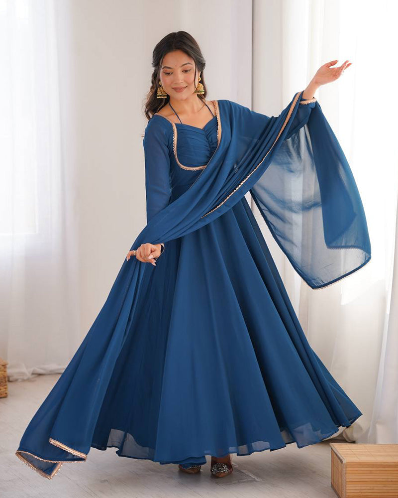 TEAL BLUE COLOR PURE BLOOMING GEORGETTE ANARKALI GOWN
