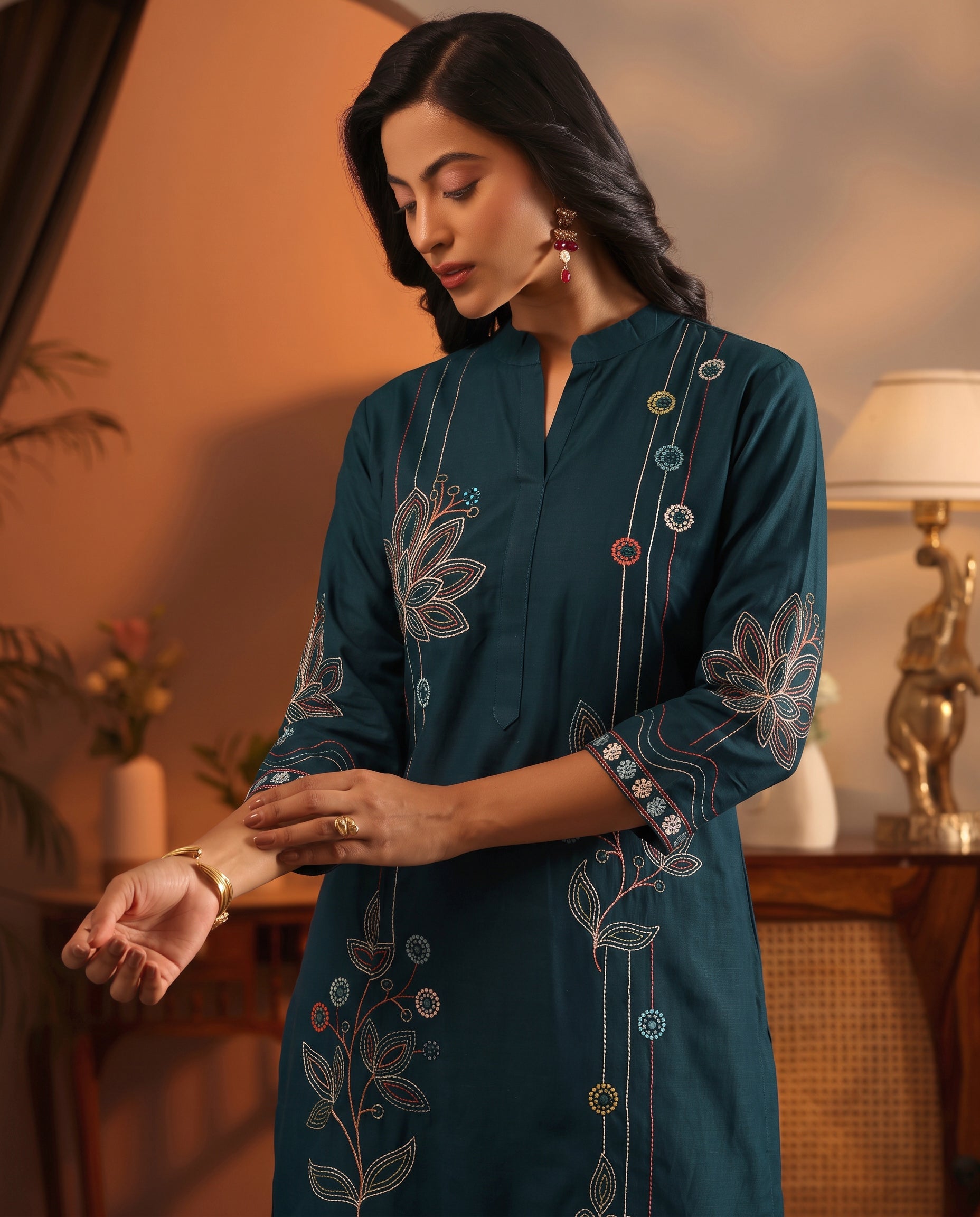 Navy Blue Embroidered Cotton A-Line Kurta Set for Women with Dupatta