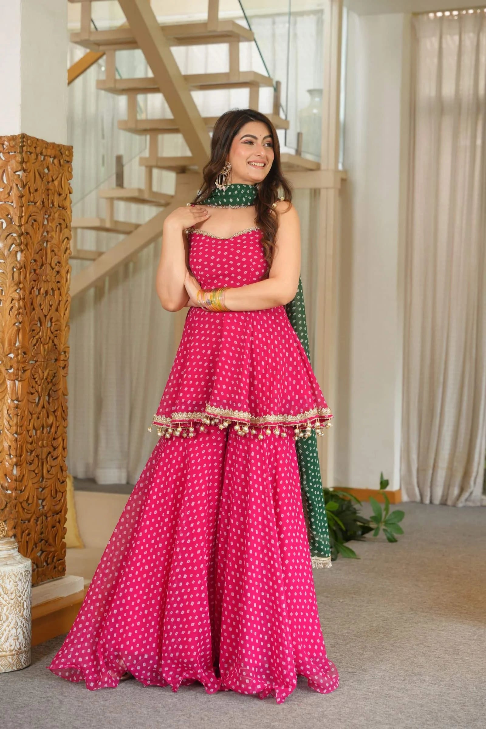 Pink Bandhani Print Sharara Suit Set with Green Dupatta