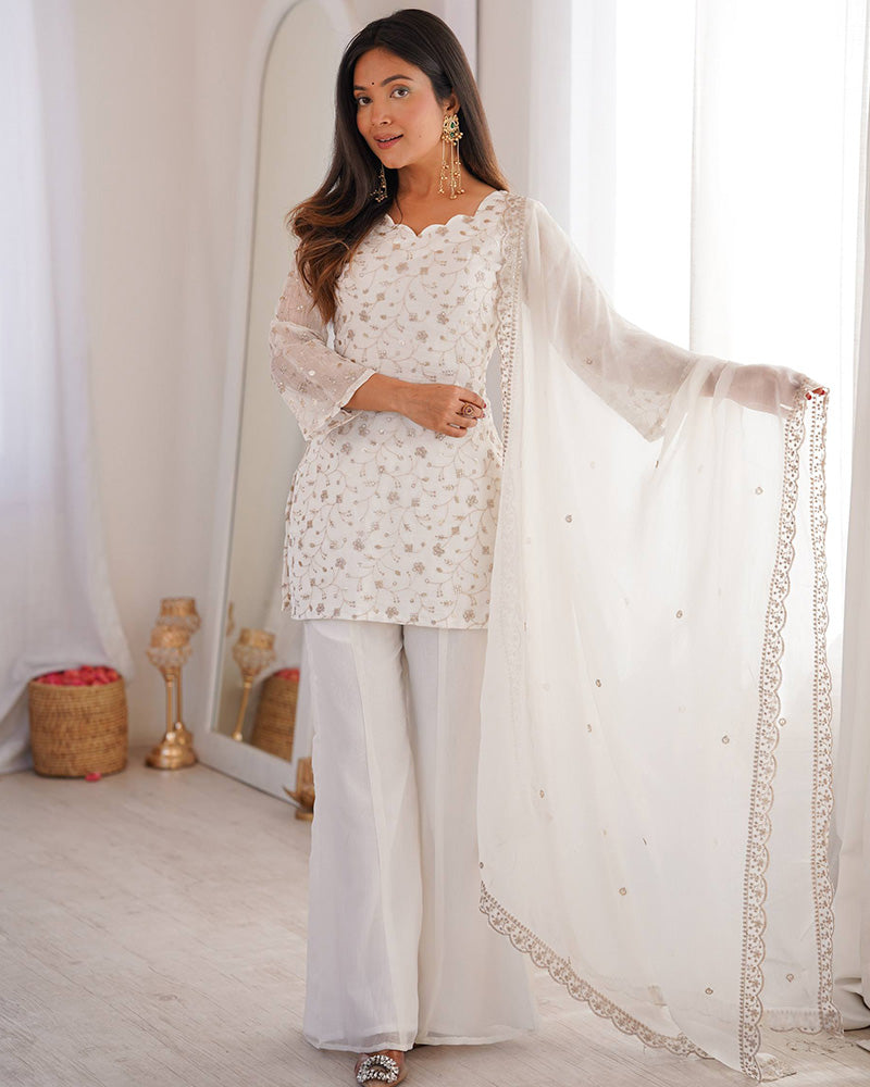 Off-White Color Crunchy Silk Embroidered Plazzo Suit