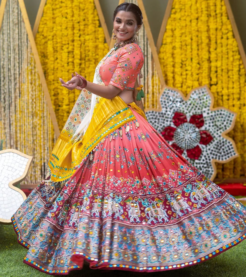 Multicolor cotton print and mirror work gujarati garba navratri lehenga  chaniya choli | Chaniya choli, Navratri, Lehenga