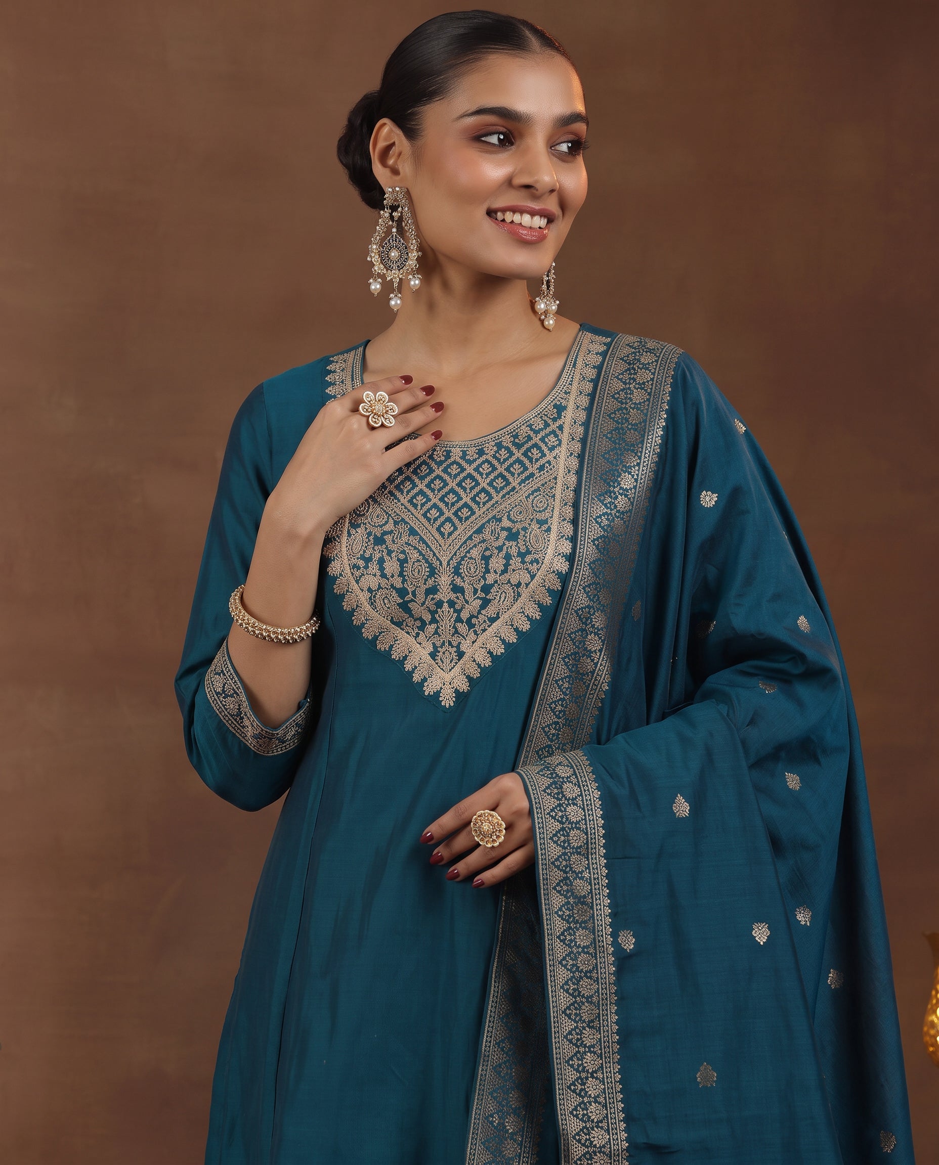 Teal Ethnic Embroidered Silk Blend Straight Kurta Set
