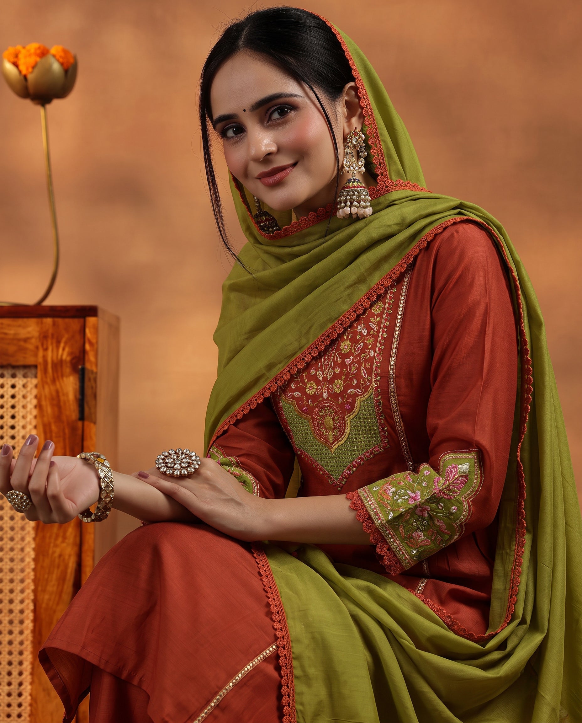 Rust Orange Embroidered Cotton A-Line Kurta Set for Women with Dupatta