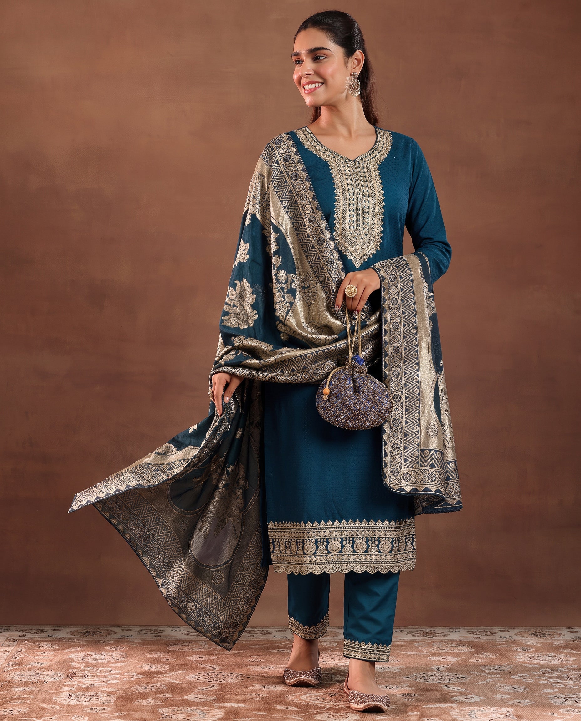 Teal Ethnic Embroidered Silk Blend Straight Kurta Set with Jacquard Dupatta