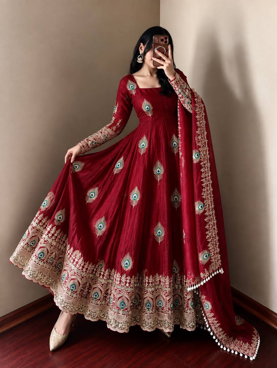 Designer Maroon Fendy Silk Peacock Motif Embroidered Anarkali Gown With Embellished Dupatta