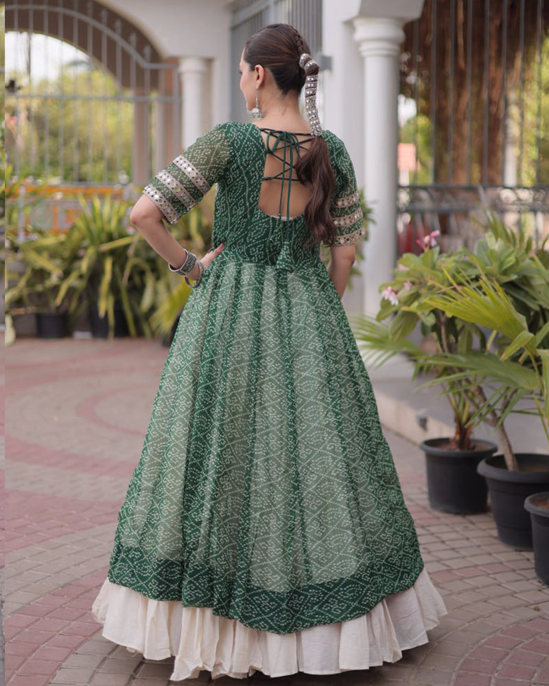 Green Color Bandhani Printed Kurti With Kora Cotton Lehenga
