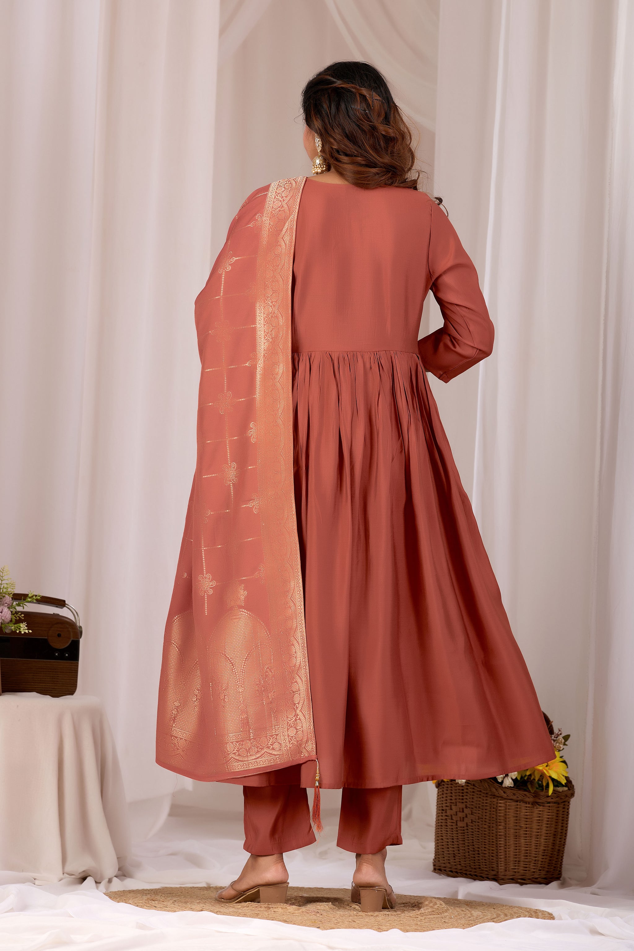 Women Rust Embroidered Stylish Straight Kurta Set with Jacquard Dupatta