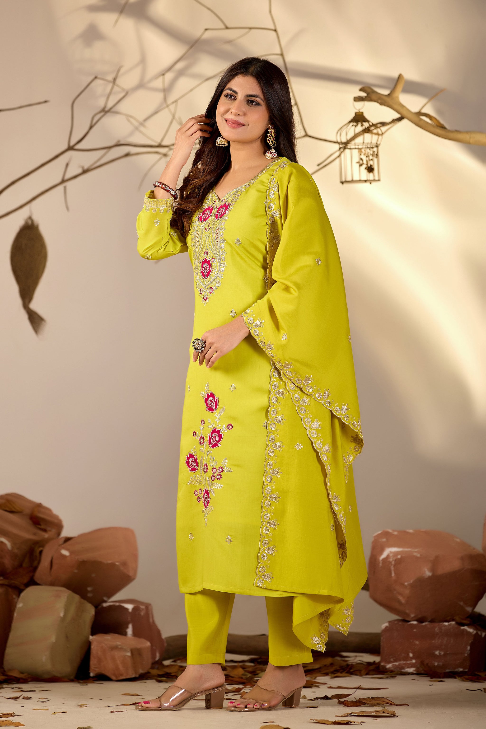 Lime Green Embroidered Straight Kurta Set with Scalloped Dupatta