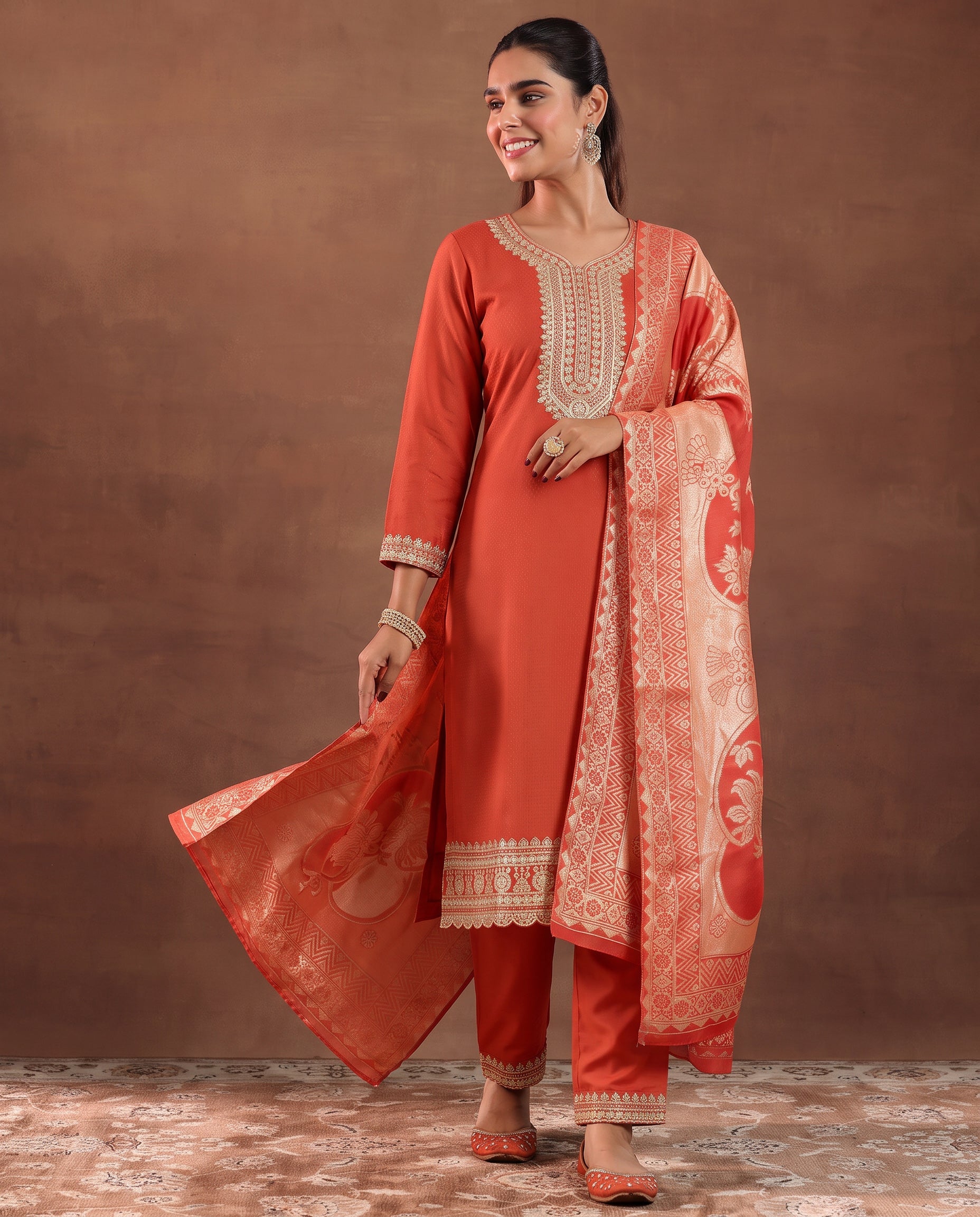 Women Rust Embroidered Kurta Set With Jacquard Dupatta