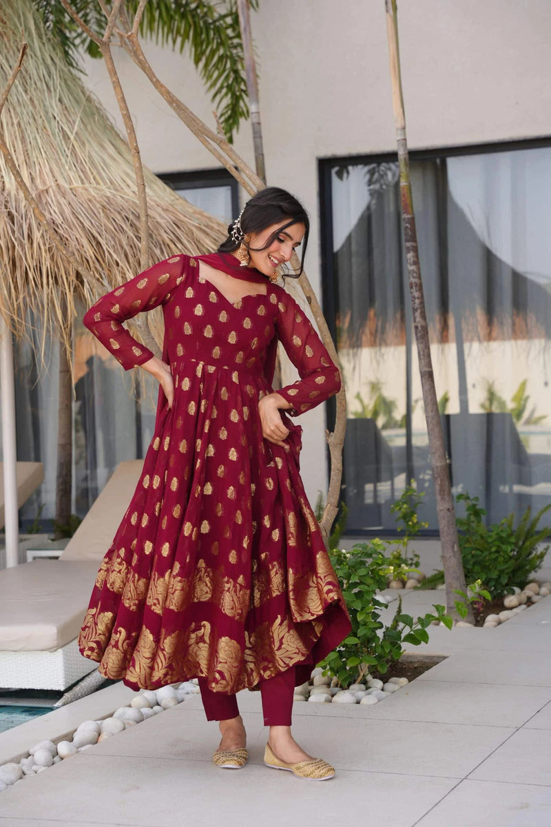Traditional Maroon Anarkali Suit Set For Weddings And Special Occasions
