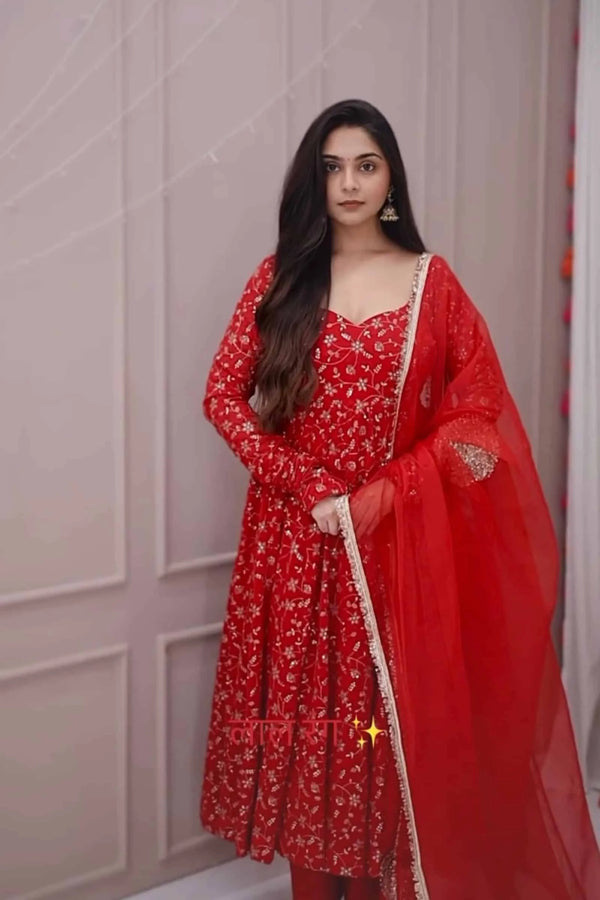 Traditional Red Embroidered Anarkali Suit Perfect for Festive Wear
