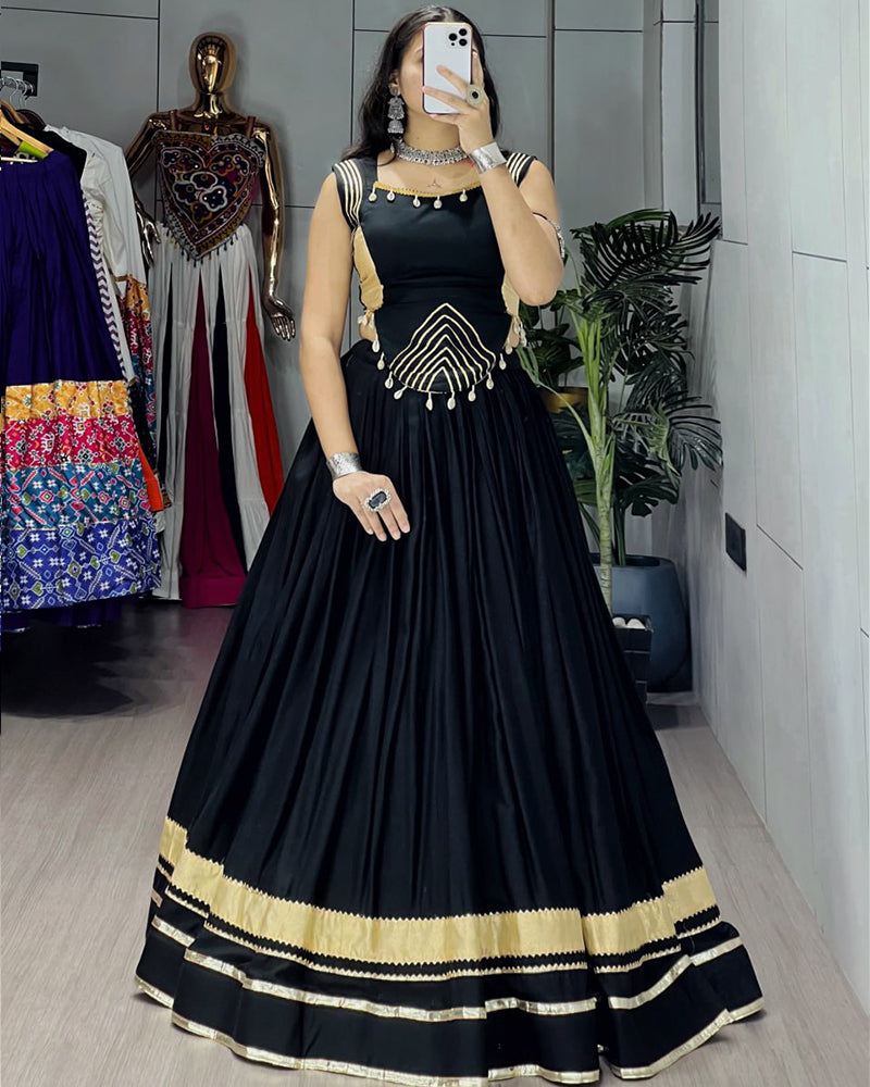 Black Color Pure Rayon Cotton Navratri Lehenga