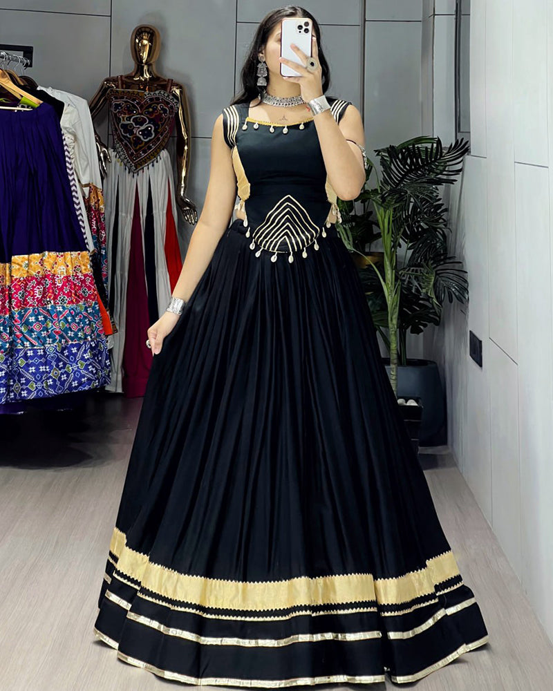 Black Color Pure Rayon Cotton Navratri Lehenga