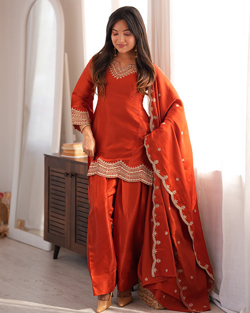 RUST ORANGE COLOR ROMAN SILK EMBROIDERED FARSHI SALWAR SUIT