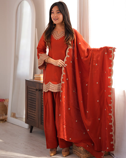 RUST ORANGE COLOR ROMAN SILK EMBROIDERED FARSHI SALWAR SUIT