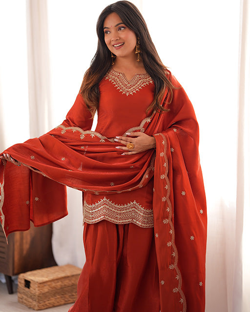 RUST ORANGE COLOR ROMAN SILK EMBROIDERED FARSHI SALWAR SUIT