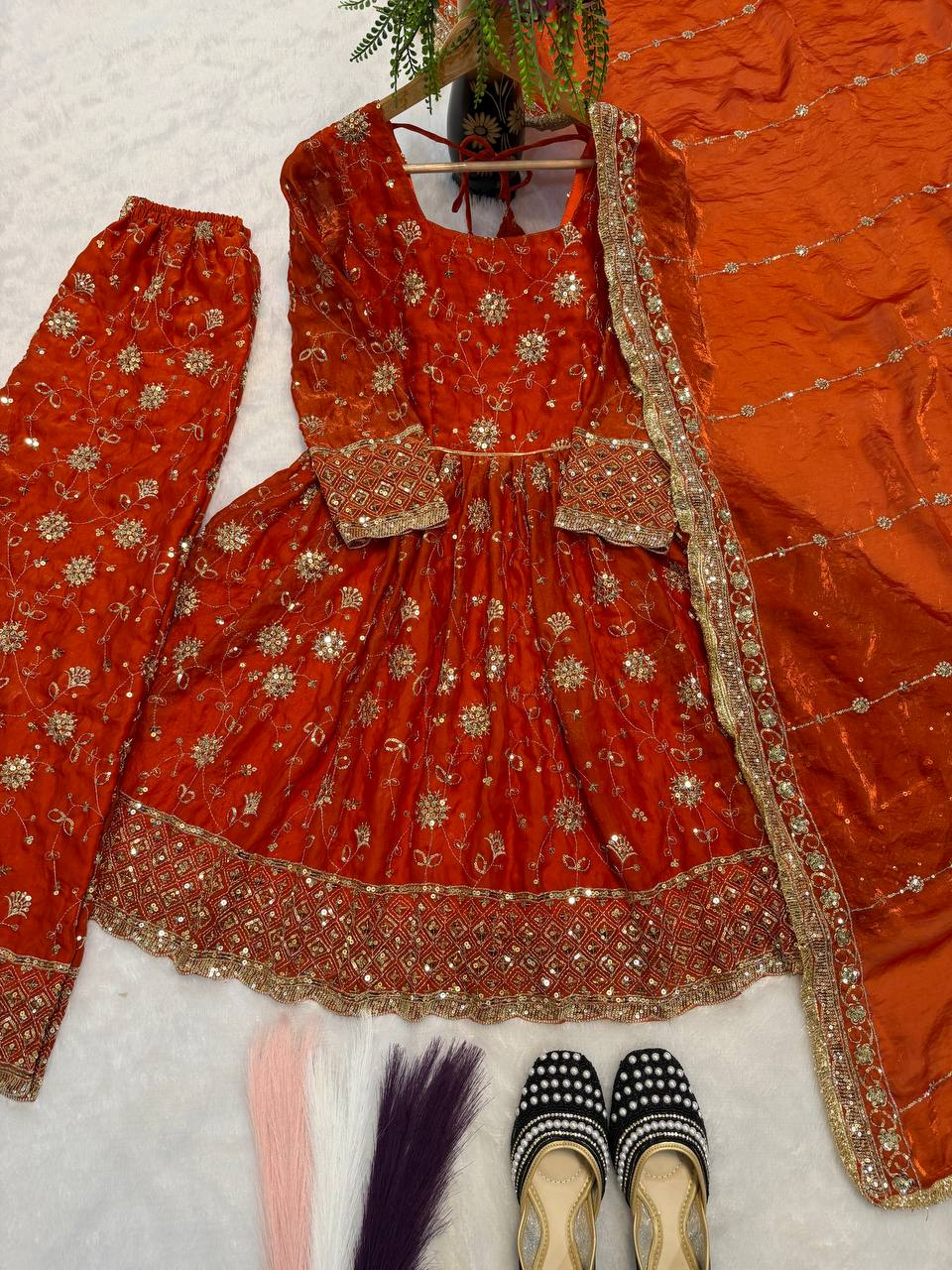 Rust Orange Heavy Embroidered Top Gown Suit Set - Product Photo