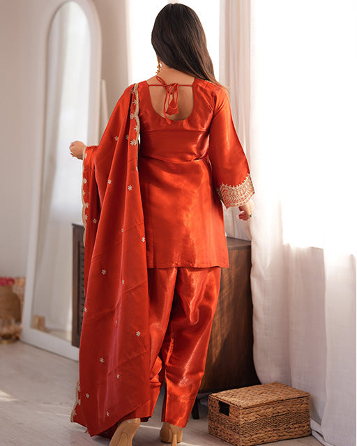 RUST ORANGE COLOR ROMAN SILK EMBROIDERED FARSHI SALWAR SUIT