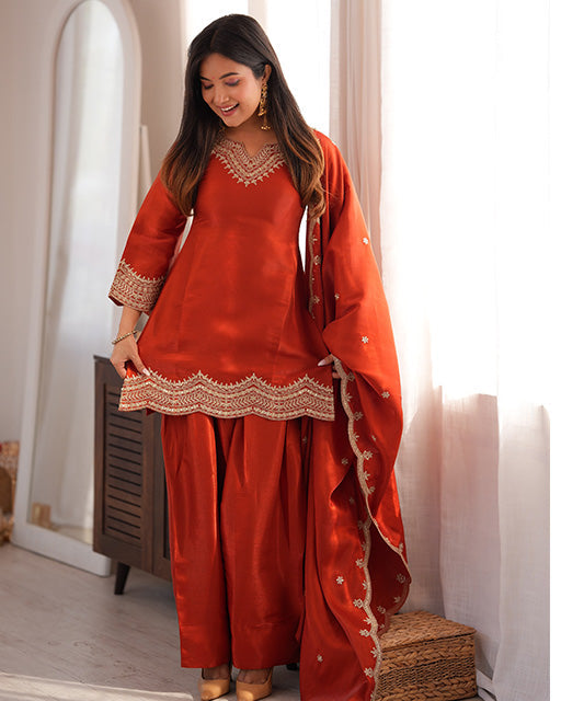 RUST ORANGE COLOR ROMAN SILK EMBROIDERED FARSHI SALWAR SUIT