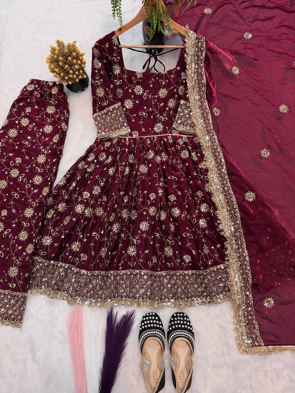 Maroon Heavy Embroidered Top Gown Suit Set - Product Photo