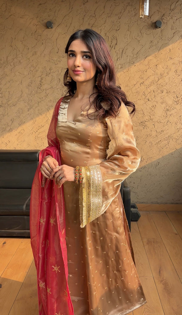 Chiku Silk Anarkali Set with Crimson Red Dupatta & Bell Sleeves
