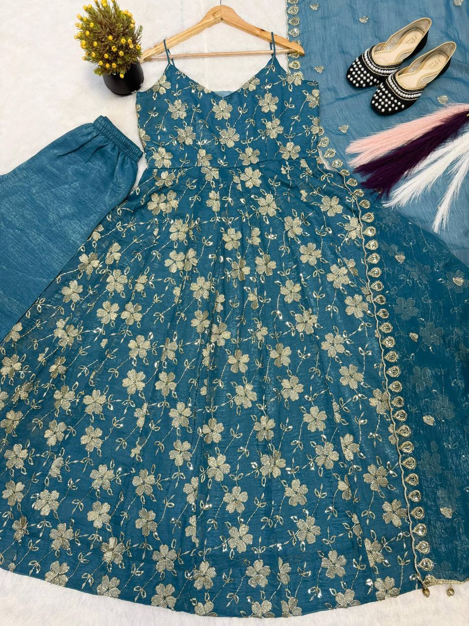 Teal Blue Floral Sequin Embroidered Sleeveless Anarkali Suit with Dupatta - Product Photo
