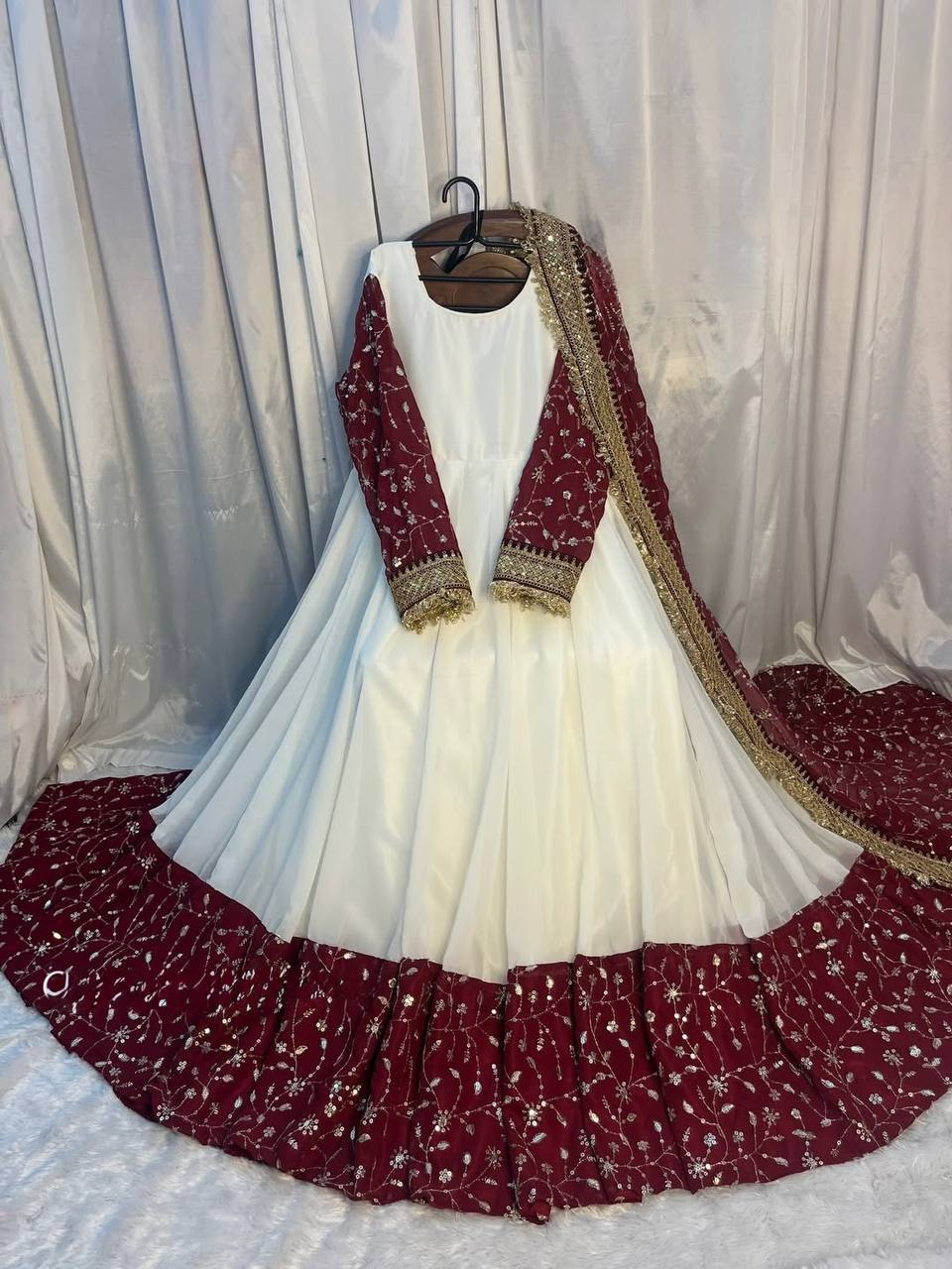 White Maroon Contrast Maxi Anarkali Suit with Dupatta - Product Photo