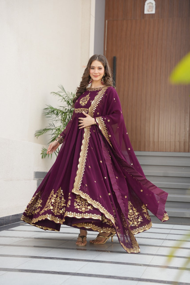 Heavy Designer Gown in Wine Georgette With Sequence Embroidery Work and Dupatta