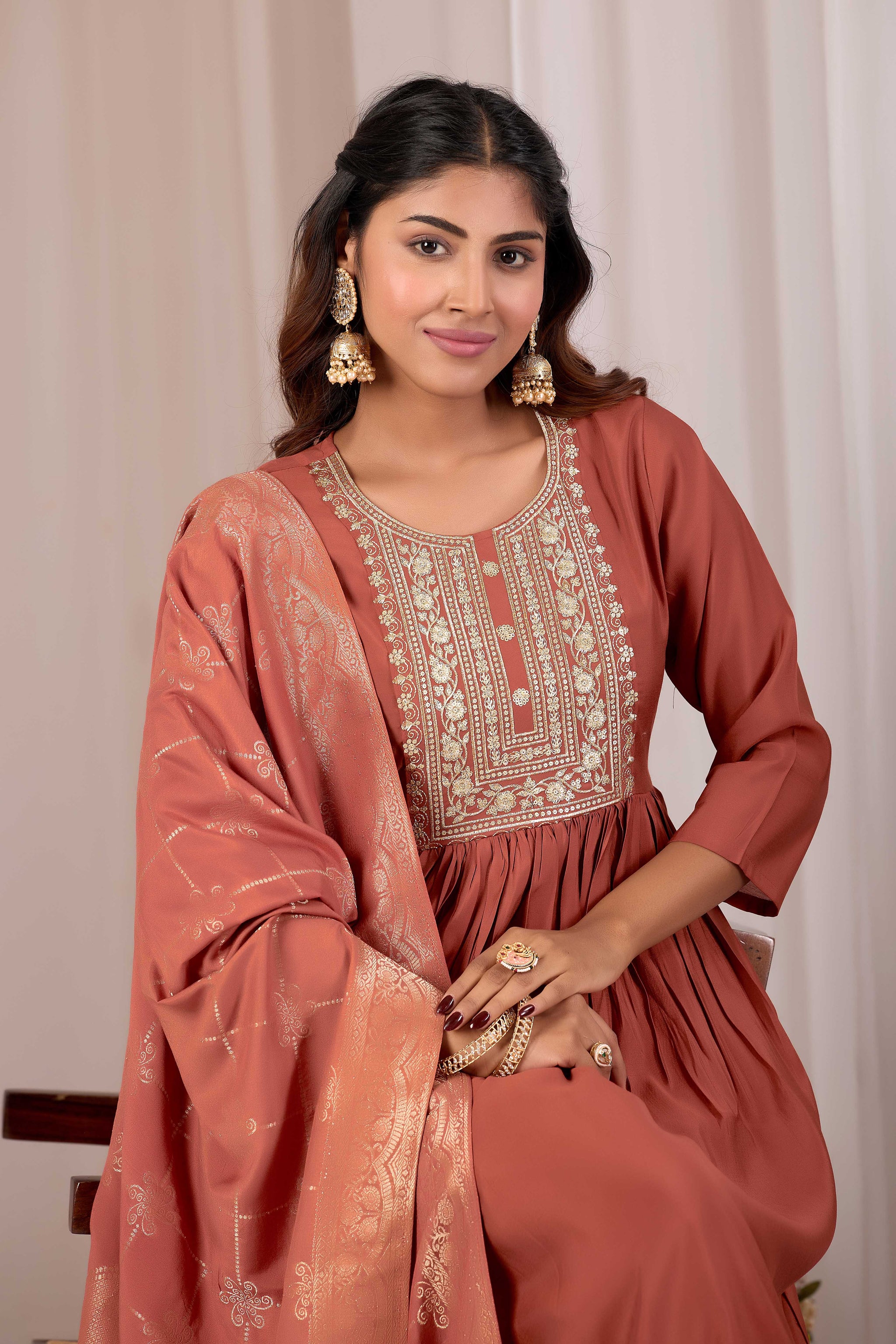 Women Rust Embroidered Stylish Straight Kurta Set with Jacquard Dupatta