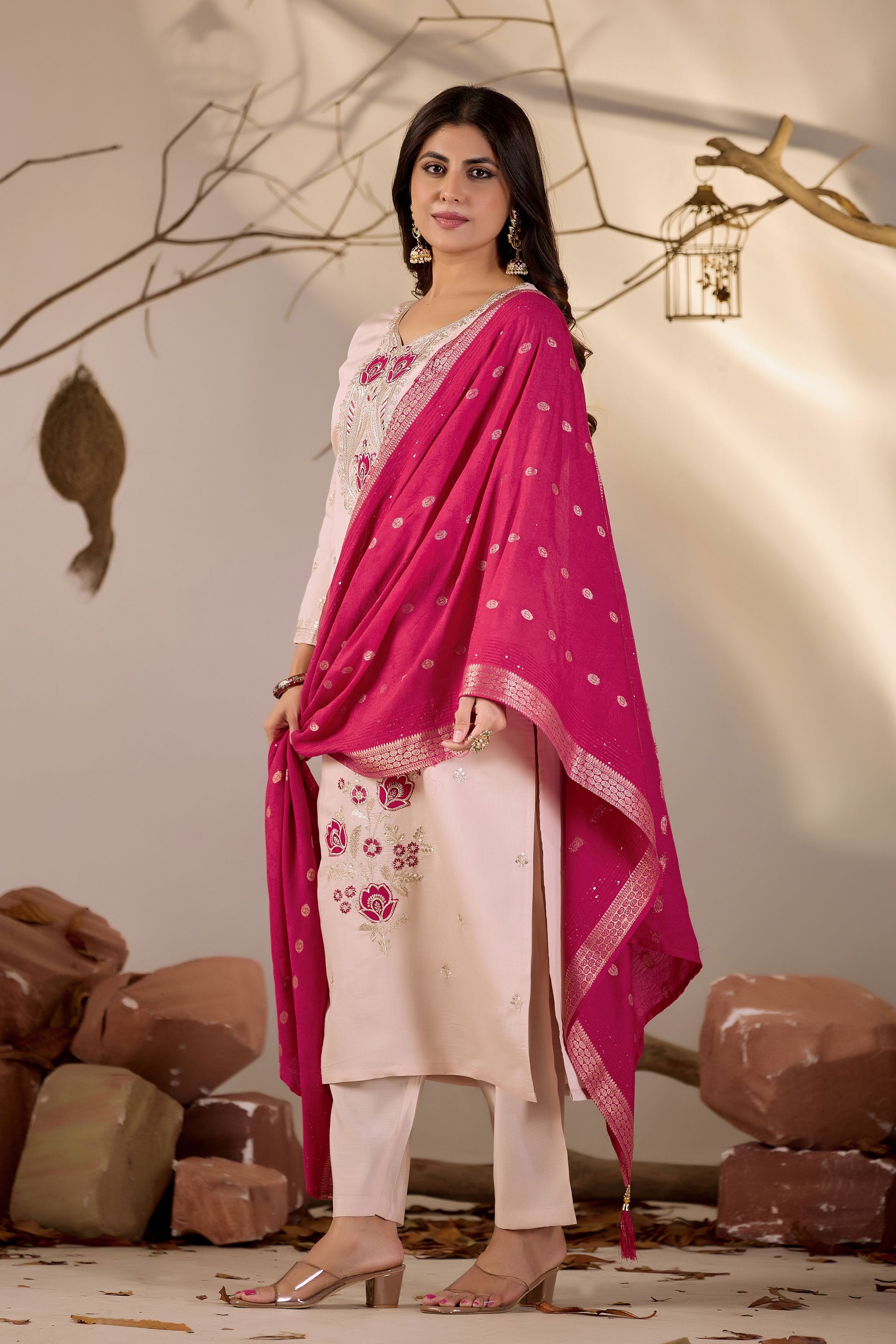 Blush Peach Embroidered Kurta Set with Rani Pink Woven Dupatta