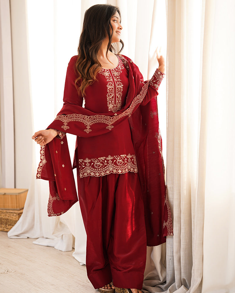 REDDISH MAROON COLOR ROMAN SILK FARSHI SALWAR SUIT
