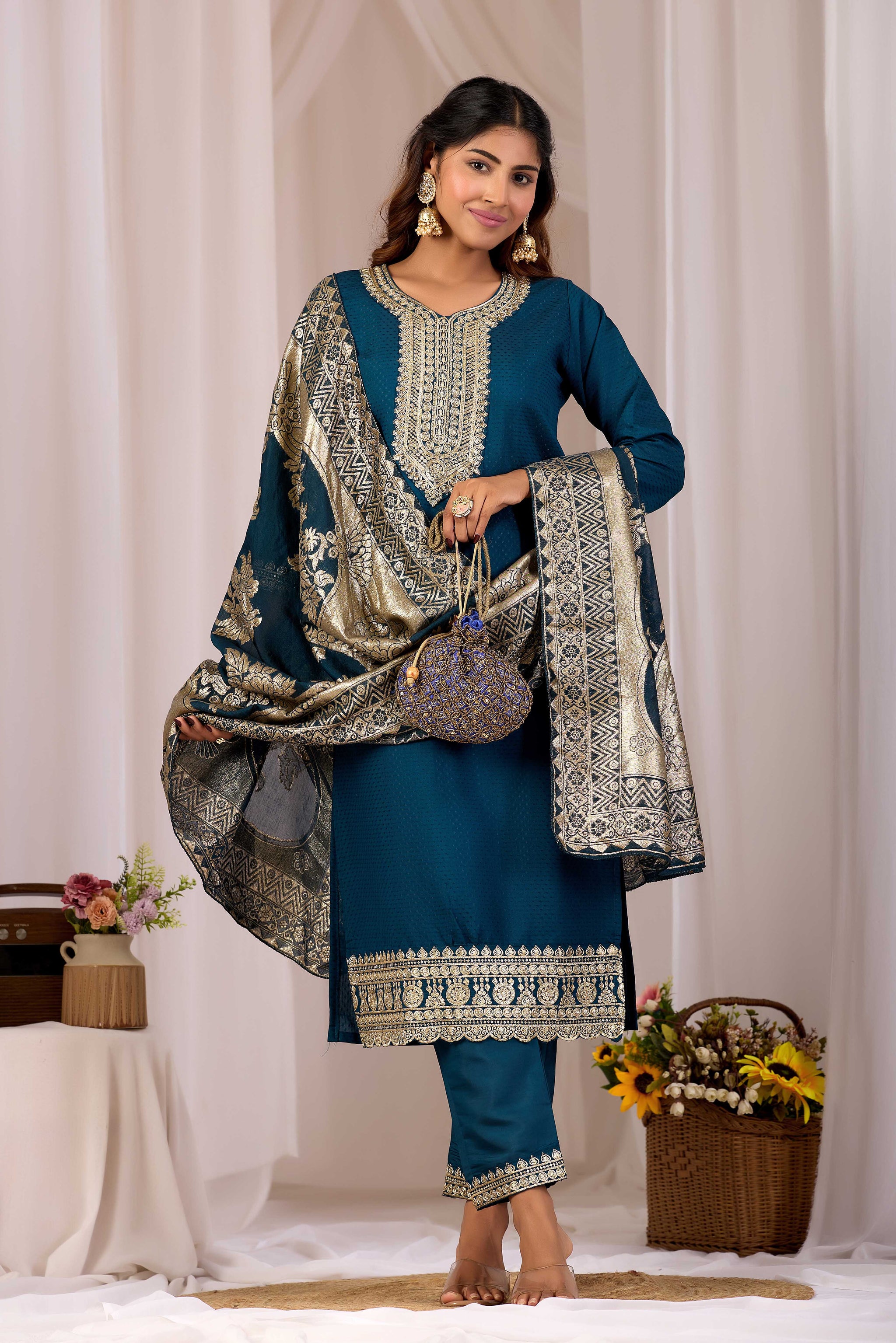 Teal Ethnic Embroidered Stylish Kurta Set with Jacquard Dupatta