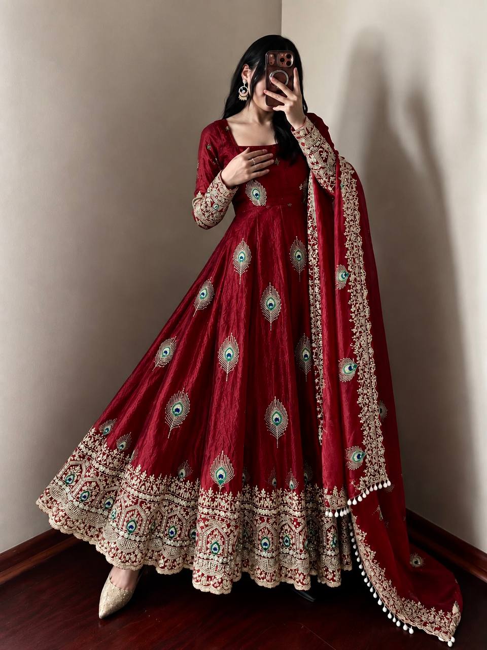 Designer Maroon Fendy Silk Peacock Motif Embroidered Anarkali Gown With Embellished Dupatta
