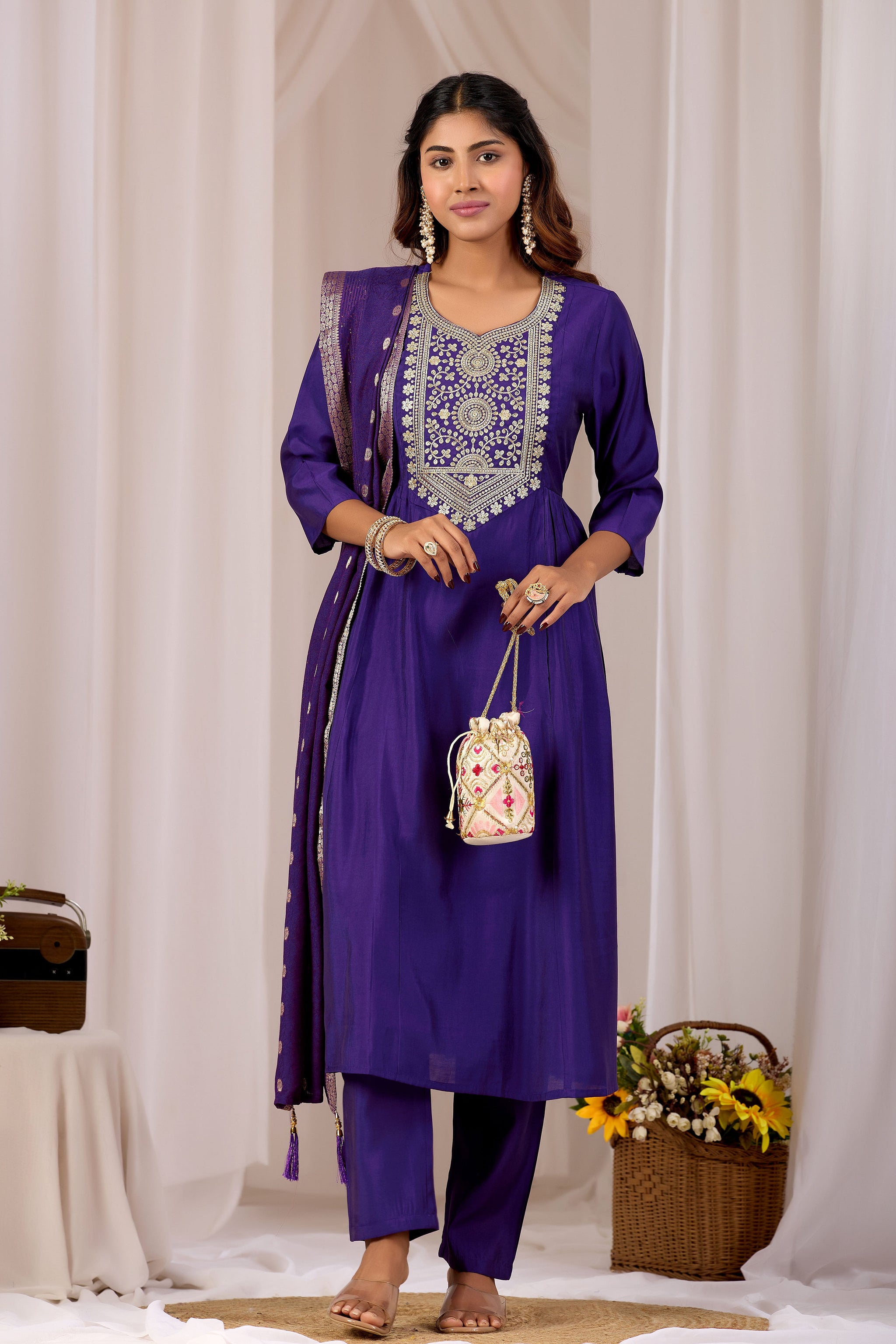 Women Blue Embroidery Designer Kurta Set with Dupatta