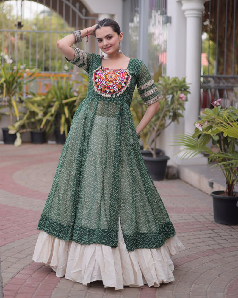 Green Color Bandhani Printed Kurti With Kora Cotton Lehenga