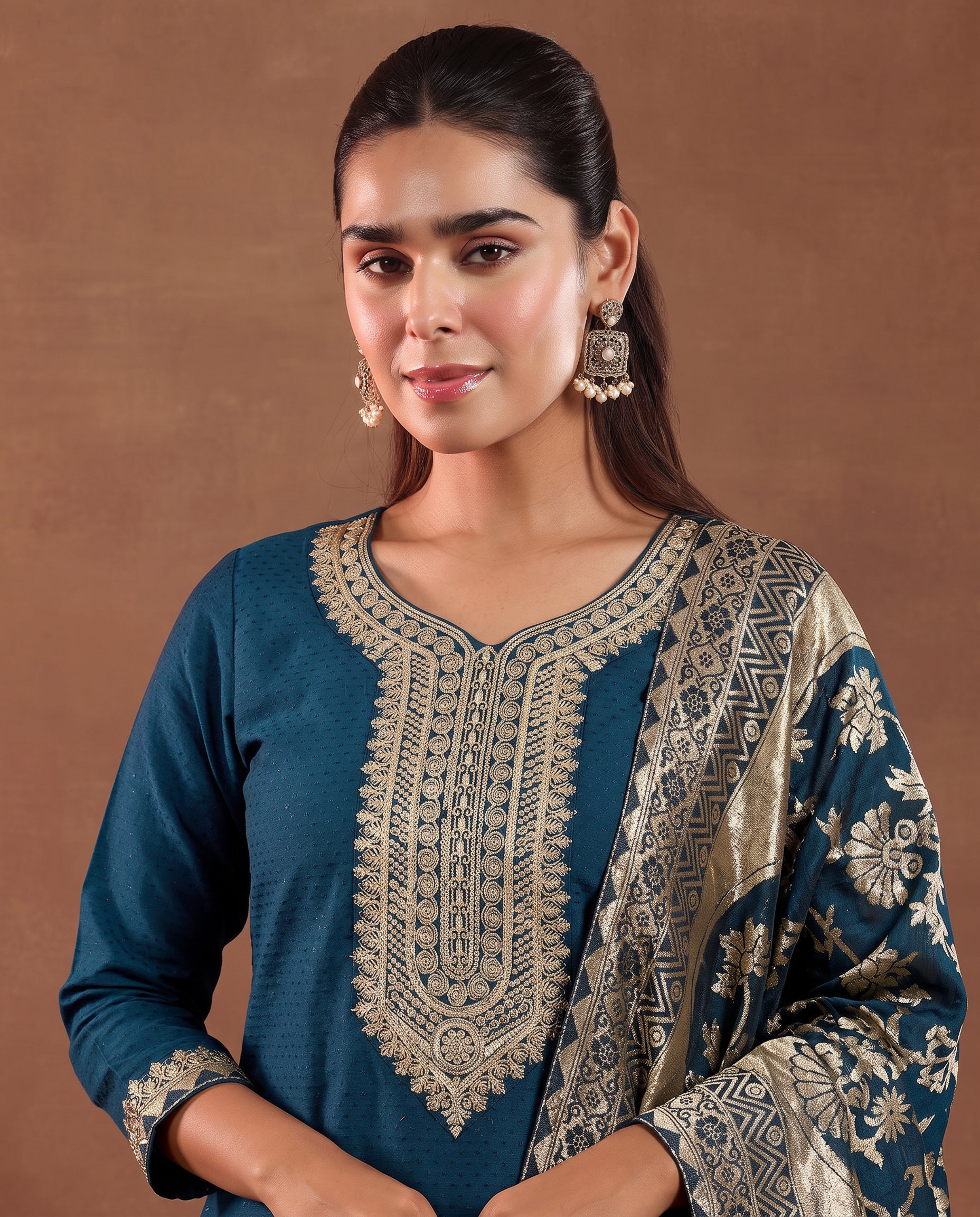 Teal Ethnic Embroidered Silk Blend Straight Kurta Set with Jacquard Dupatta