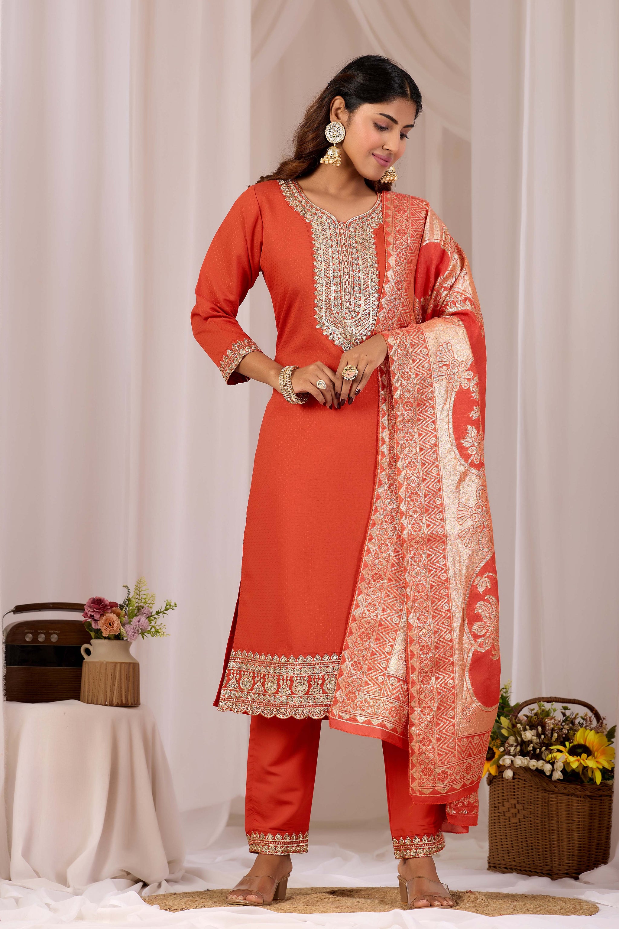 Women Rust Embroidered Silk Blend Straight Kurta Set With Jacquard Dupatta