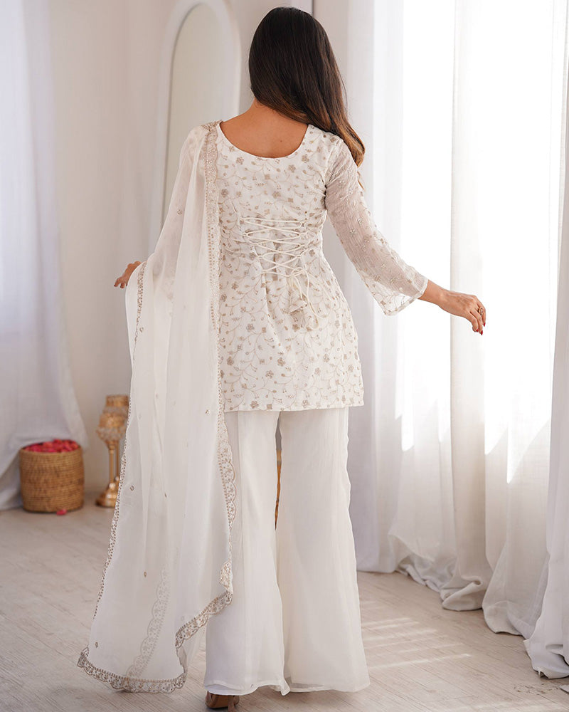 Off-White Color Crunchy Silk Embroidered Plazzo Suit