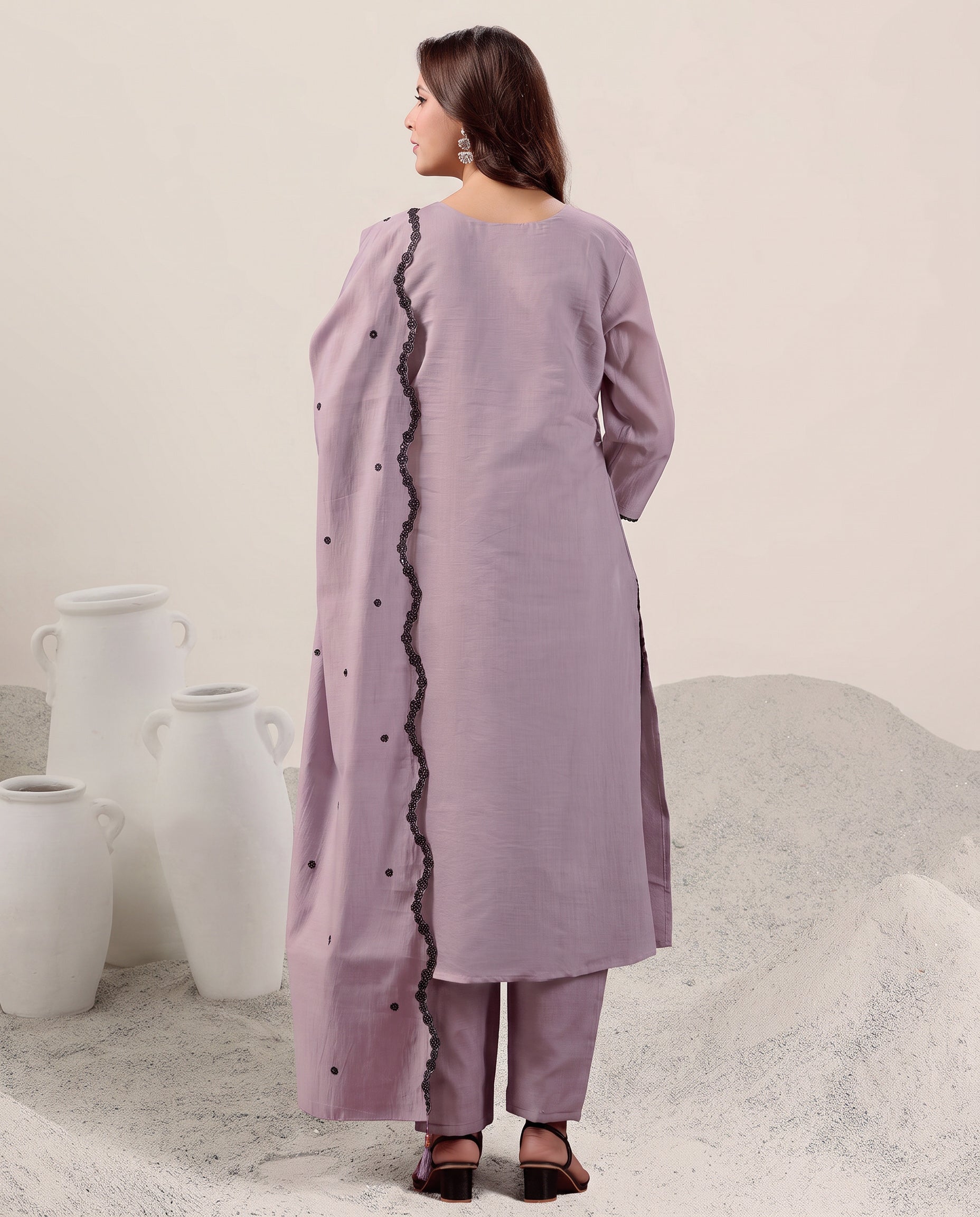 Violet Embroidered Cotton A-Line Suit Set for Women with Dupatta