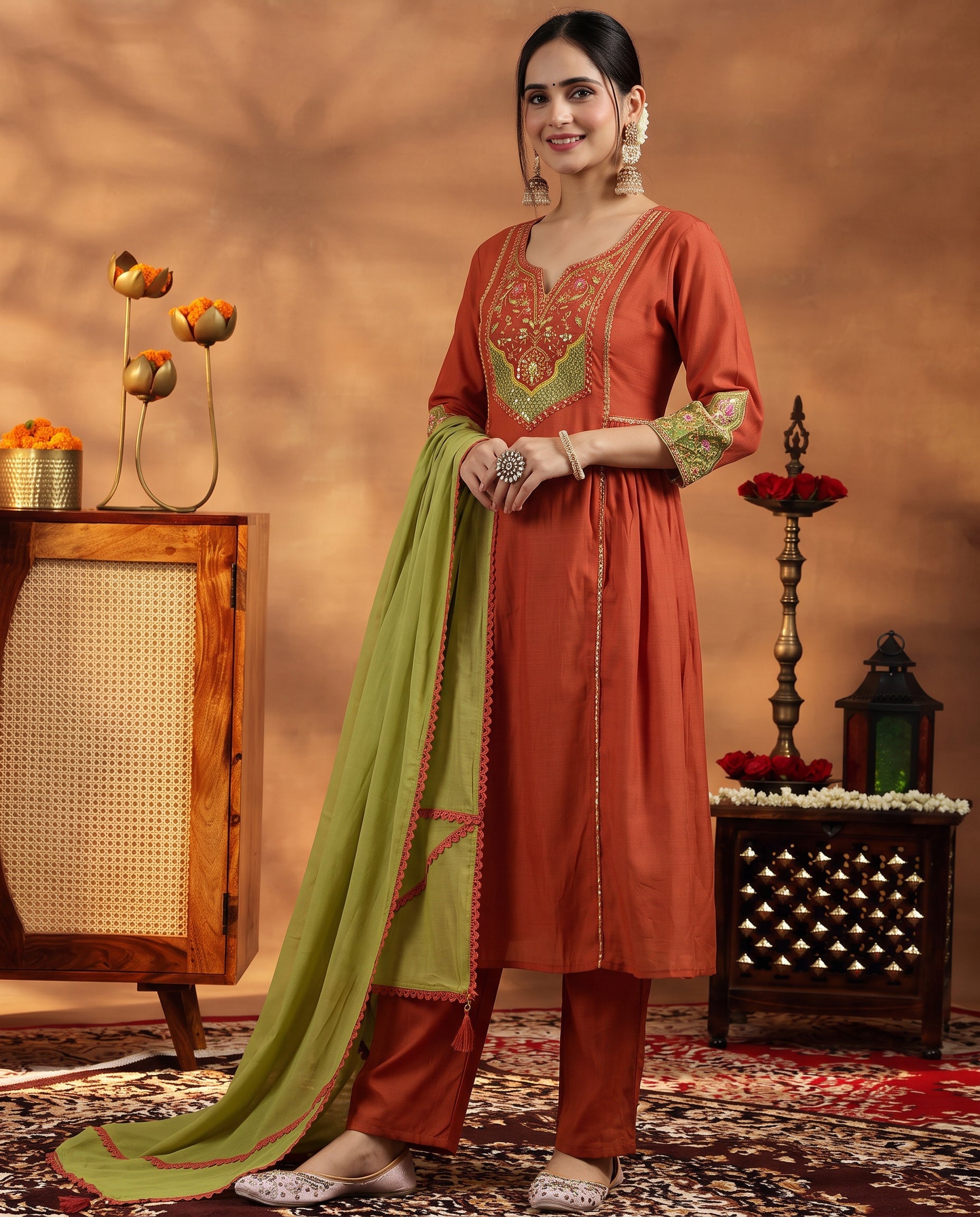 Rust Orange Embroidered Cotton A-Line Kurta Set for Women with Dupatta