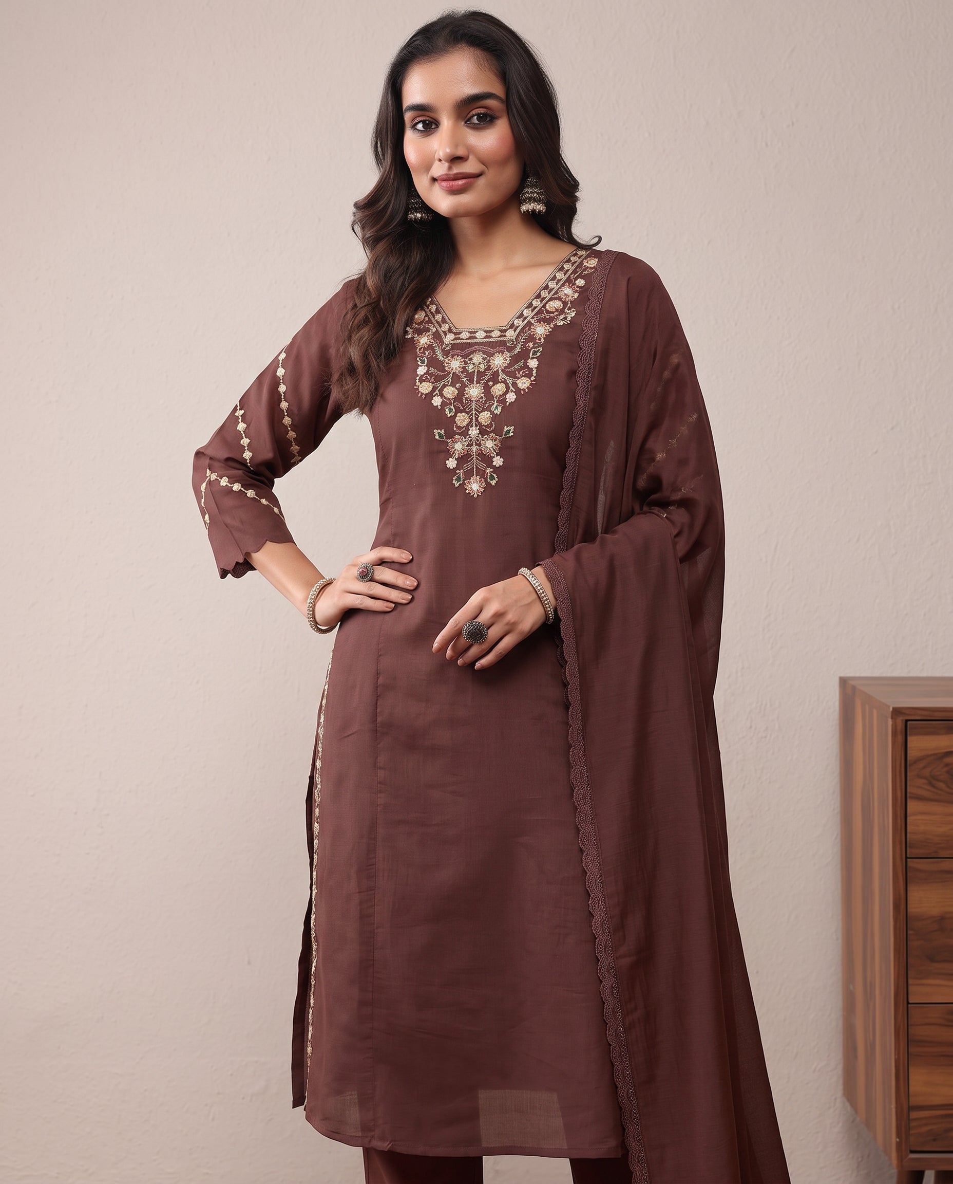 Brown Embroidered Cotton A-Line Kurta Set with Dupatta