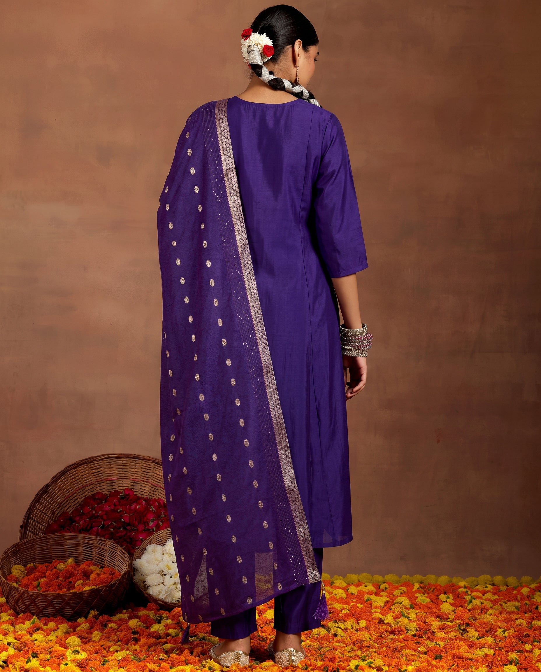 Purple Embroidered Kurta Set with Dupatta