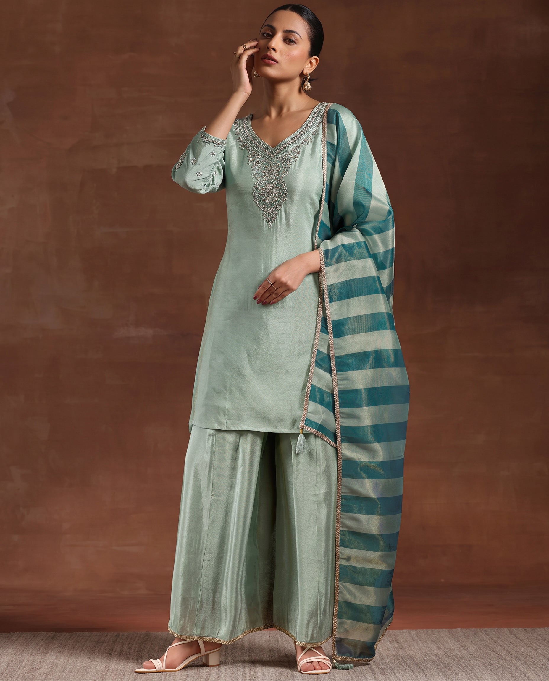 Delightful Sky Blue Embroidered Kurta With Palazzos & Dupatta