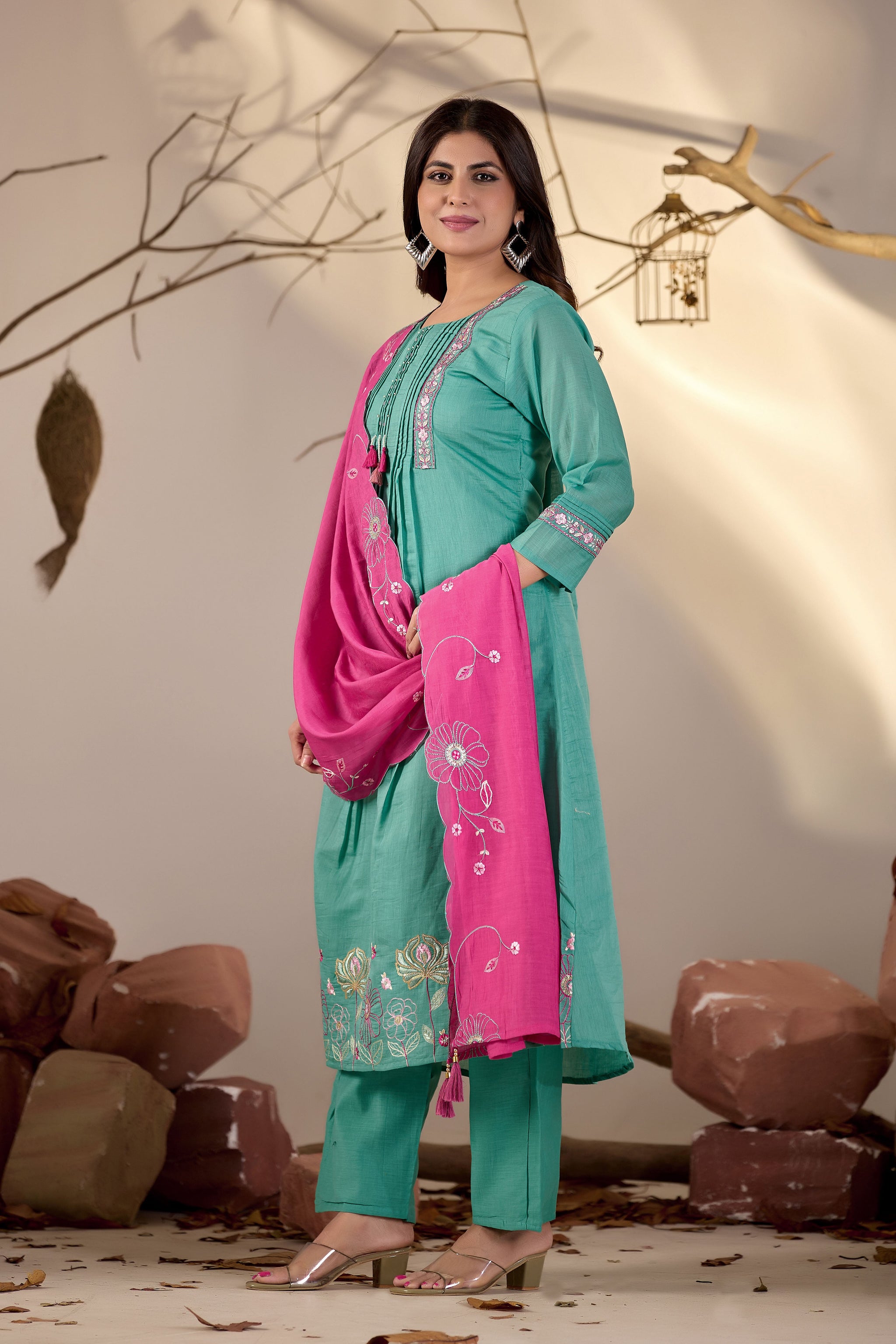 Sea Green Pintuck Kurta Set with Fuchsia Pink Floral Dupatta