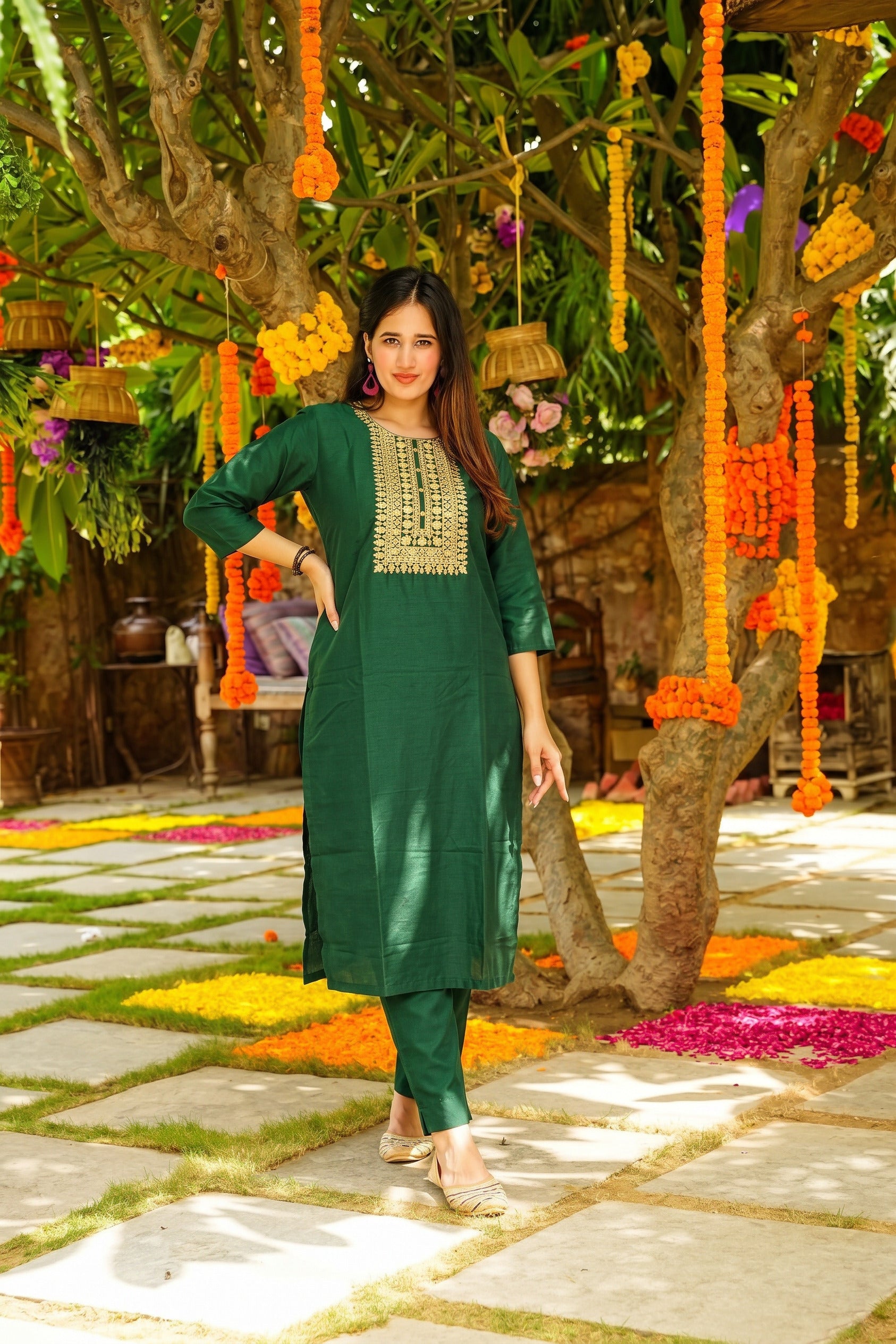 Bottle Green Straight Kurta Set with Gold Embroidered Yoke