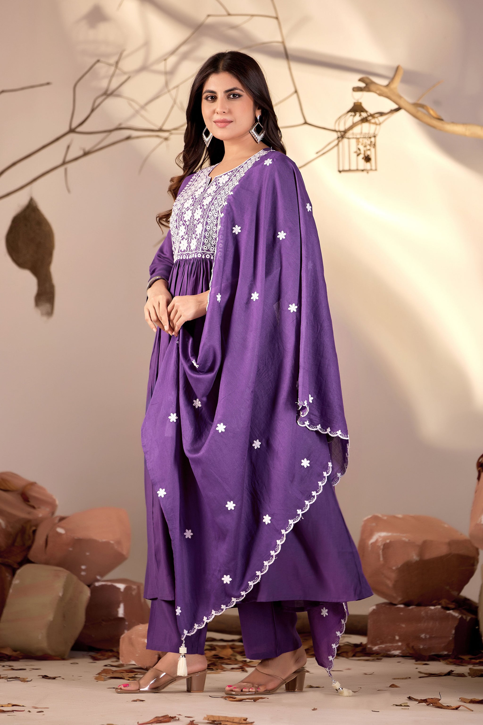 Purple Flared Anarkali Kurta Set with White Chikankari Embroidery