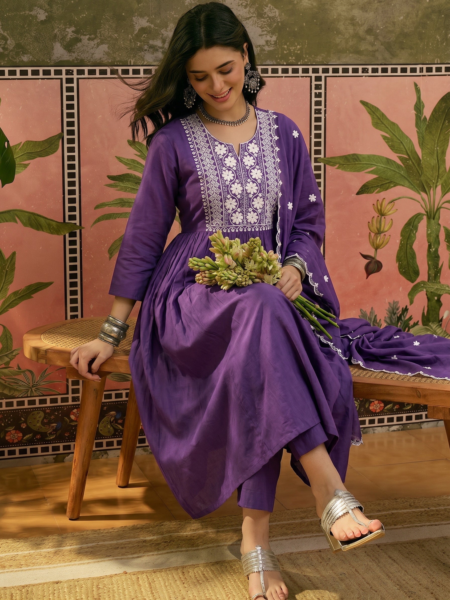 Purple Anarkali Kurta Set with White Chikankari-Style Embroidery