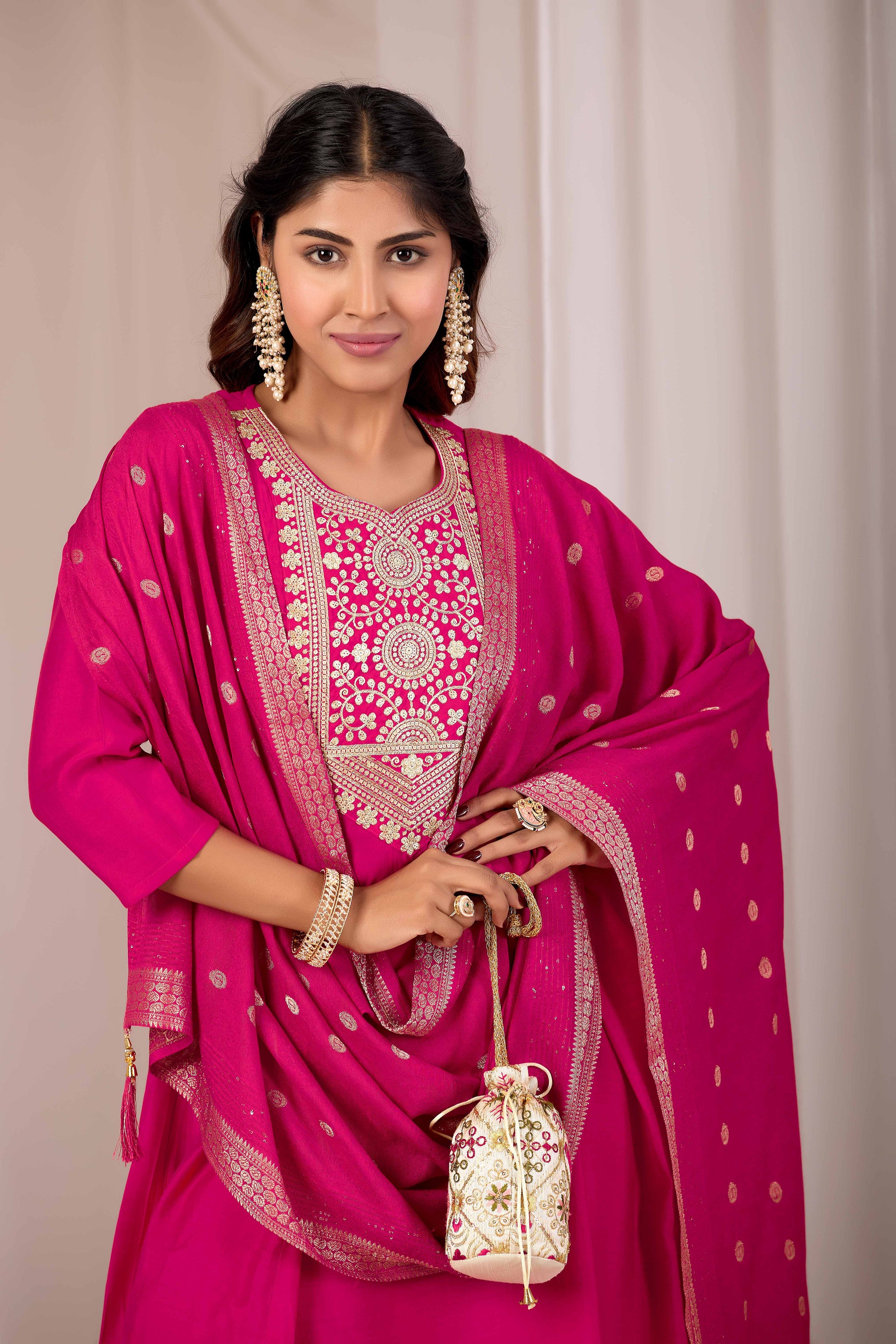 Traditional Rani Pink Embroidery Kurta Set with Dupatta